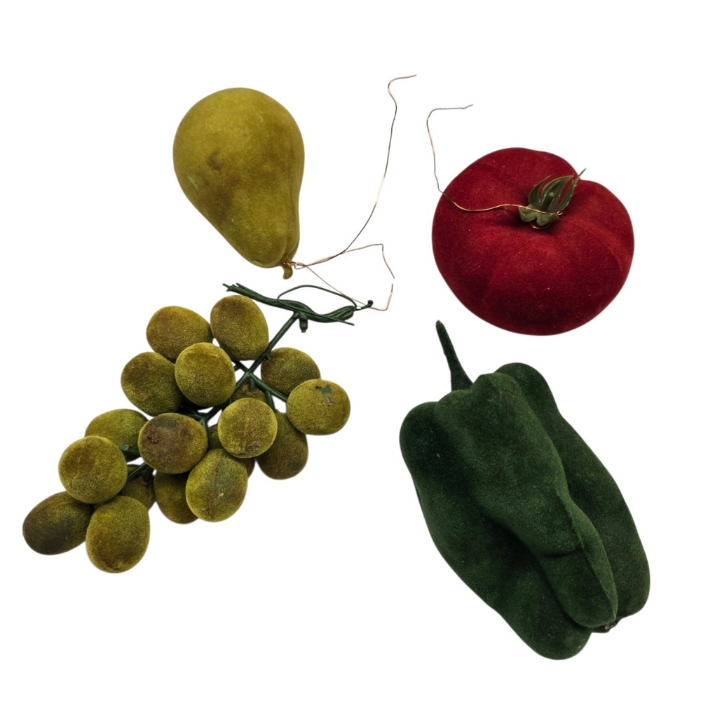 Vintage Flocked Fruit MCM Pepper Pear Grapes Apple 60s 70s Velvet Mod Kitsch